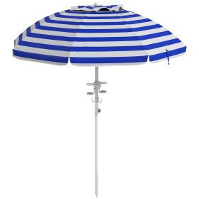 Outsunny Adjustable Beach Sunshade, Cup Holders, Hook, Vent, Ruffles, Blue-White Stripes