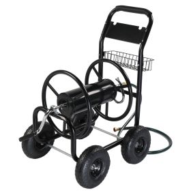 Black Metal Garden Hose Reel Cart with Green Hose Iron Spoked Wheels and Storage Handle 37*22.6*38.6inch Heavy Duty Water Hose Holder Trolley for