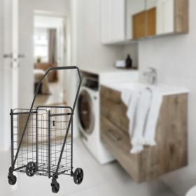 Shopping Cart With Open Door,Grocery Cart On Wheels, Foldable Utility Shopping Carts With Double Basket And 360  Rolling Swivel Wheels For Grocer (Option: Antique Black)