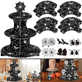 3 Tier Halloween Cupcake Stand Black Spider Web Cardboard Cupcake Stand Spider Bat Cupcake Toppers Halloween Cupcake Holder Tower For Halloween B (Option: 1set)