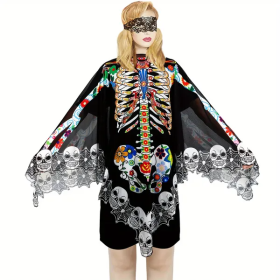 Halloween Skeleton Poncho, Lace Skeleton Halloween Costume Poncho Day Of The Dead Poncho For Women (Color: White)