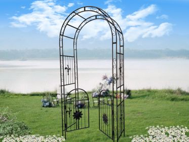 Metal Garden Arch With Doors, Arbor Trellis For Climbing Plants, Outdoor Wedding (Color: Black)
